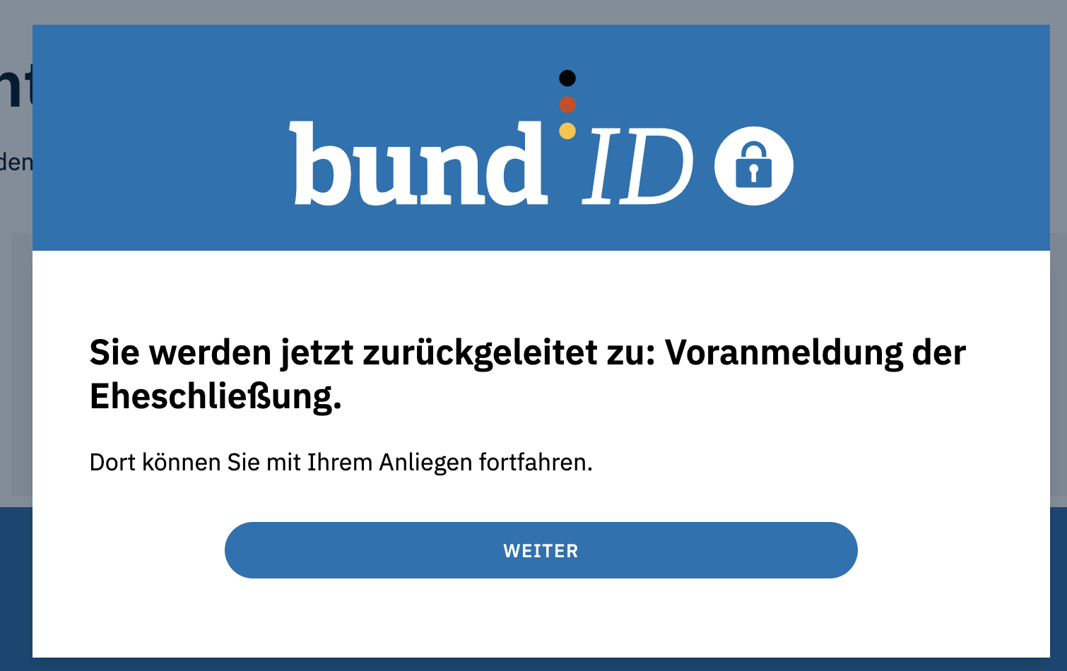 bund ID registration page showing success message in German: You are now being redirected to: Registration of marriage. There you can continue with your application. Blue header with bund ID logo, white content area with dark text, and blue Continue button. Informational and reassuring tone.